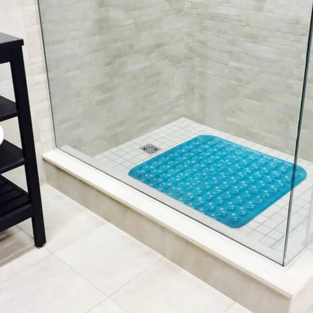 Antibacterial Blue Non-Slip Bath Mat with Suction Cups 18 x 18
